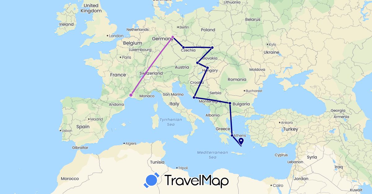 TravelMap itinerary: driving, train in Bulgaria, Czech Republic, Germany, France, Greece, Croatia, Hungary, Poland, Slovakia (Europe)